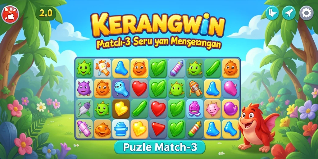 Tampilan antarmuka KERANGWIN dengan level Puzzle Match-3 yang warna-warni.