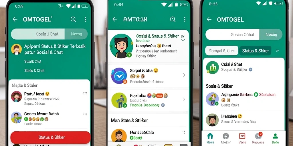 Antarmuka aplikasi OMTOGEL yang menampilkan stiker menarik.