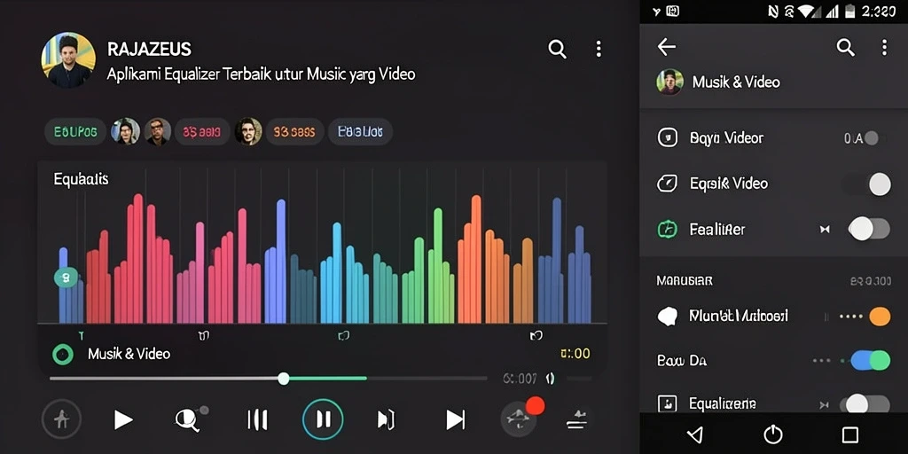 Antarmuka aplikasi RAJAZEUS dengan berbagai pilihan equalizer untuk audio.